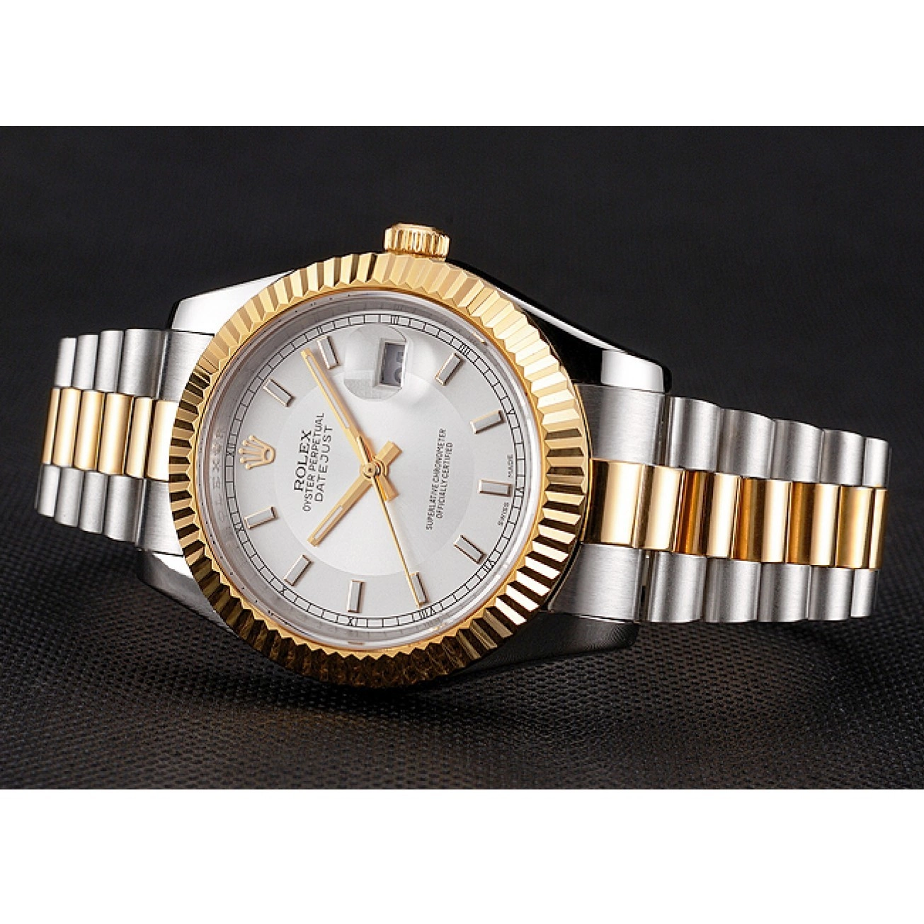 Aaa replica watch Rolex White Two Gold Tone Case Swiss Stainless Steel Bezel Bracelet Datejust Gold Dial 0806